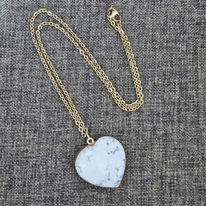 White Howlite Steel Heart Pendant Necklace